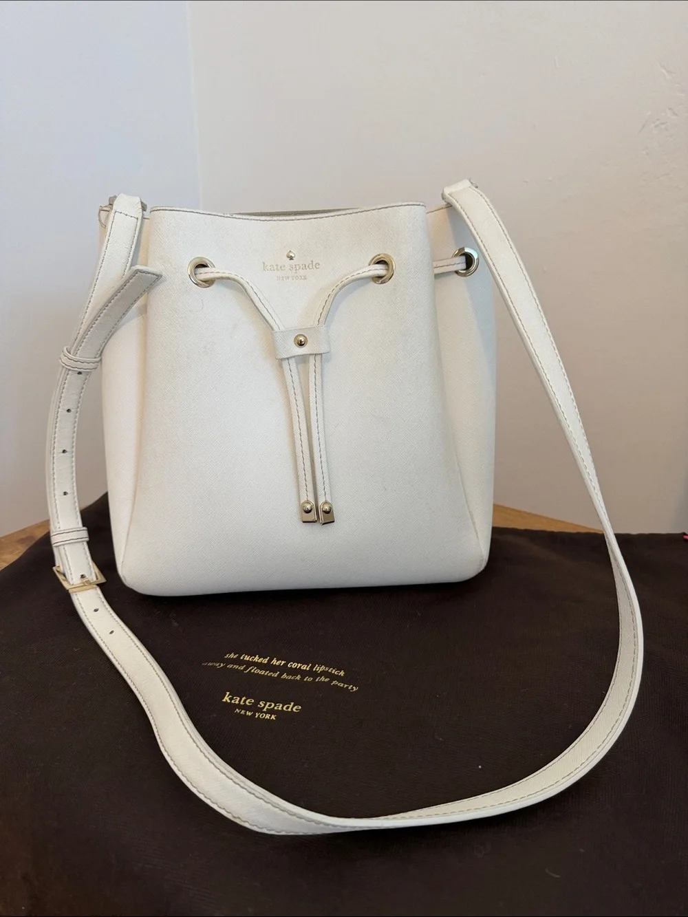 Vintage Kate Spade White Saffiano Leather Drawstring Bucket Crossbody Bag